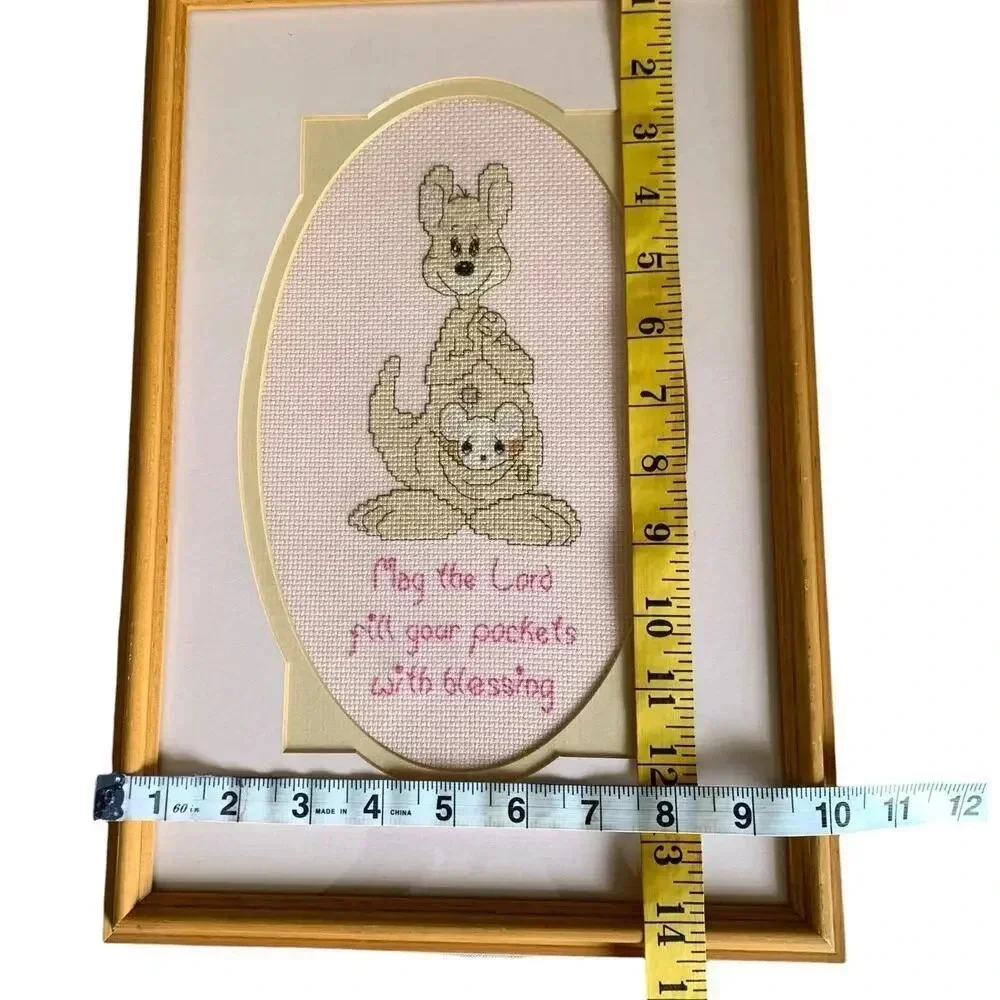 Precious Moments Vintage Cross Stitch Kangaroo Pockets Framed 14X10 Hand Crafted